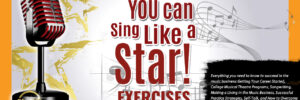 Red and black microphone with text: "You Can Sing Like a Star! Online Singing Exercises" and music business topics listed.