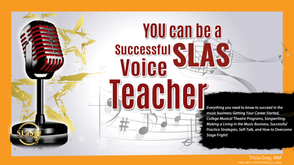 A red vintage microphone and text promoting becoming a successful SLAS voice teacher, with musical notes in the background.
