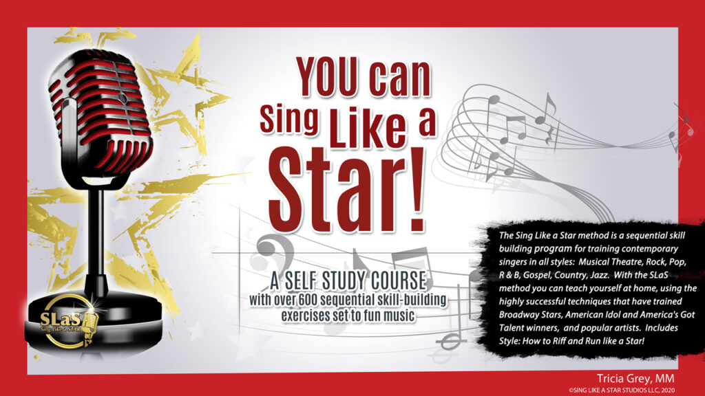 A red vintage microphone with text promoting the Self Guided Online Singing Course "Sing Like a Star" and musical notes behind.